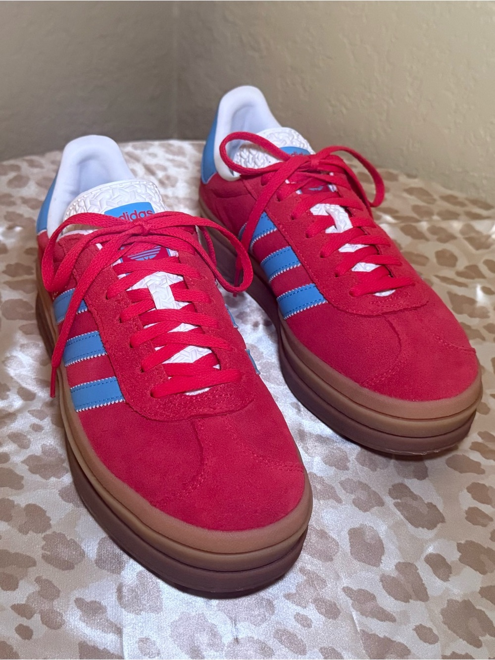 adidas Women Red Suede Sneakers with Blue Stripes and Gum Sole